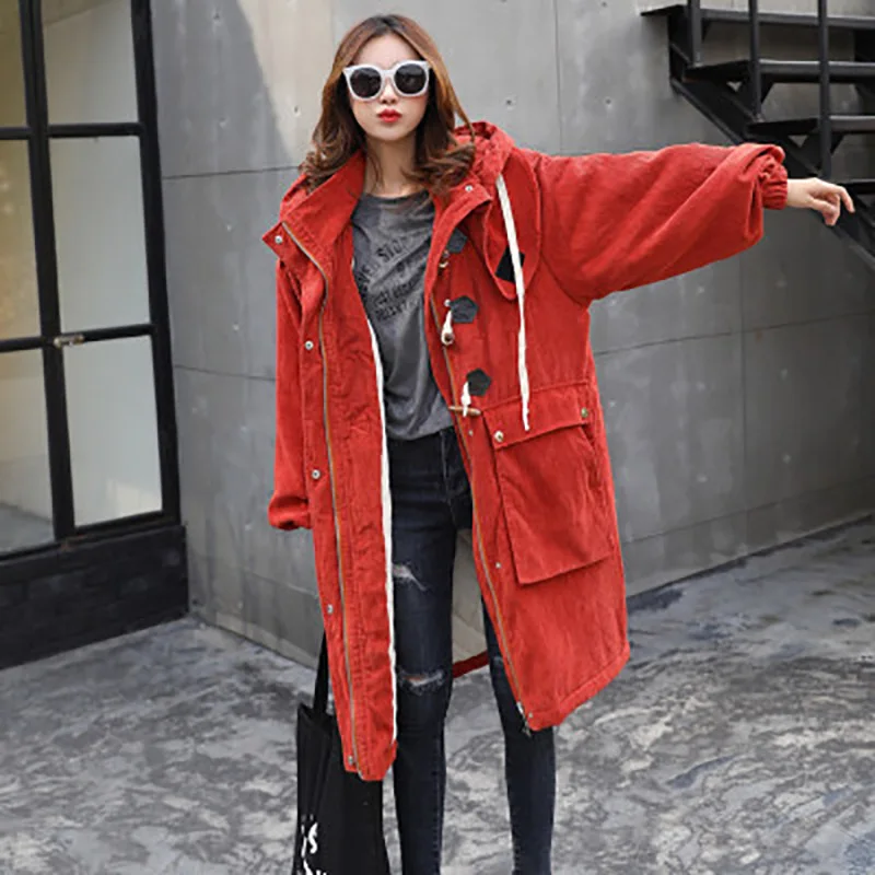 

South Korea Autumn And Winter New Style Hooded Corduroy Thick Cotton-padded Clothes Women's Mid-length Red Loose-Fit Toggle Cott