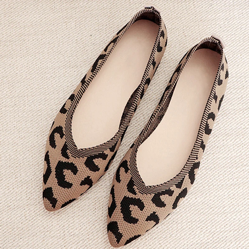 2022 Fashion Breathable Leopard Mesh Ballet Flats Pointed Toe Slip On Loafers Women Casual Soft Rubber Sole Boat Shoes Moccasins