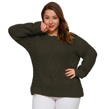 

Wipalo Autumn Winter Plus Size Women Sweaters Diamond Stripe Cutout Loose Knitted Sweater Solid 0-Neck Long Sleeve Warm Pullover