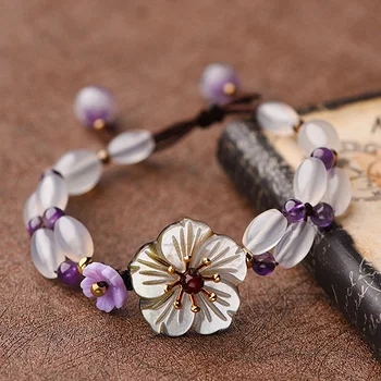 

Shell Ethnic Exotic Bracelet Natural Crystal Stone Beaded Bracelet Vintage Floral Bracelet