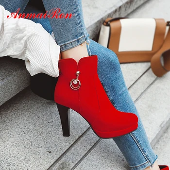 

ANMAIRON String Bead Cow Suede Super High Ankle Boots Spike Heels Zip PU Thigh High Boots Round Toe Winter Beige Boots Women Red