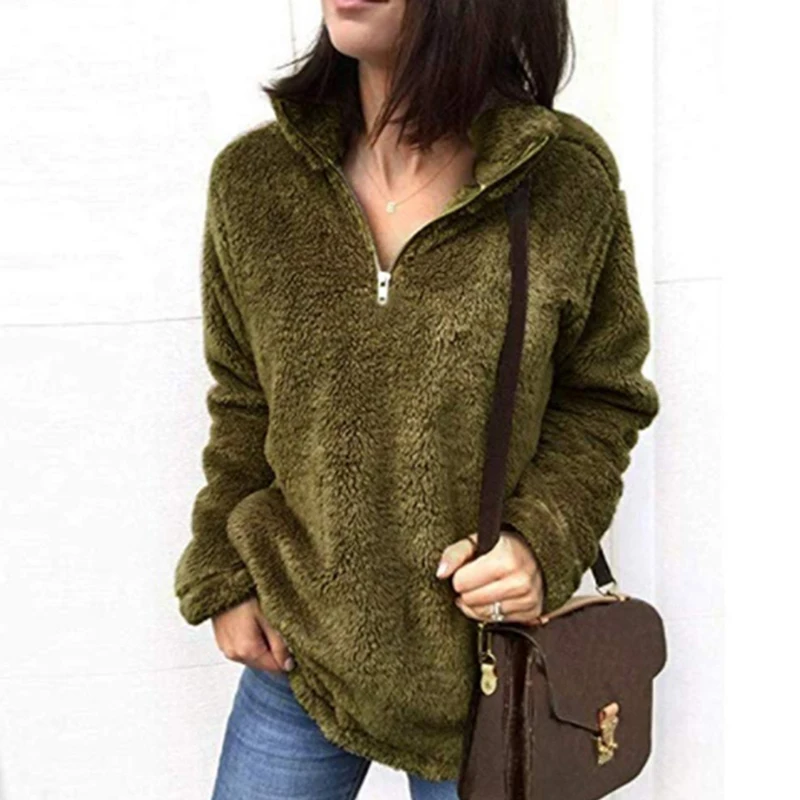 

Pullovers Women 2019 Autumn Winter Casual Double Fuzzy Sweatshirt Faux Fleece Zip Pullover Outwear Hoodies