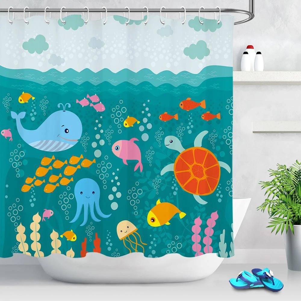 Children S Cartoon Underwater World Shower Curtain Kids Bathroom Decor Whale Octopus Tropical Fish Turtle Fabric Bath Curtains Shower Curtains Aliexpress