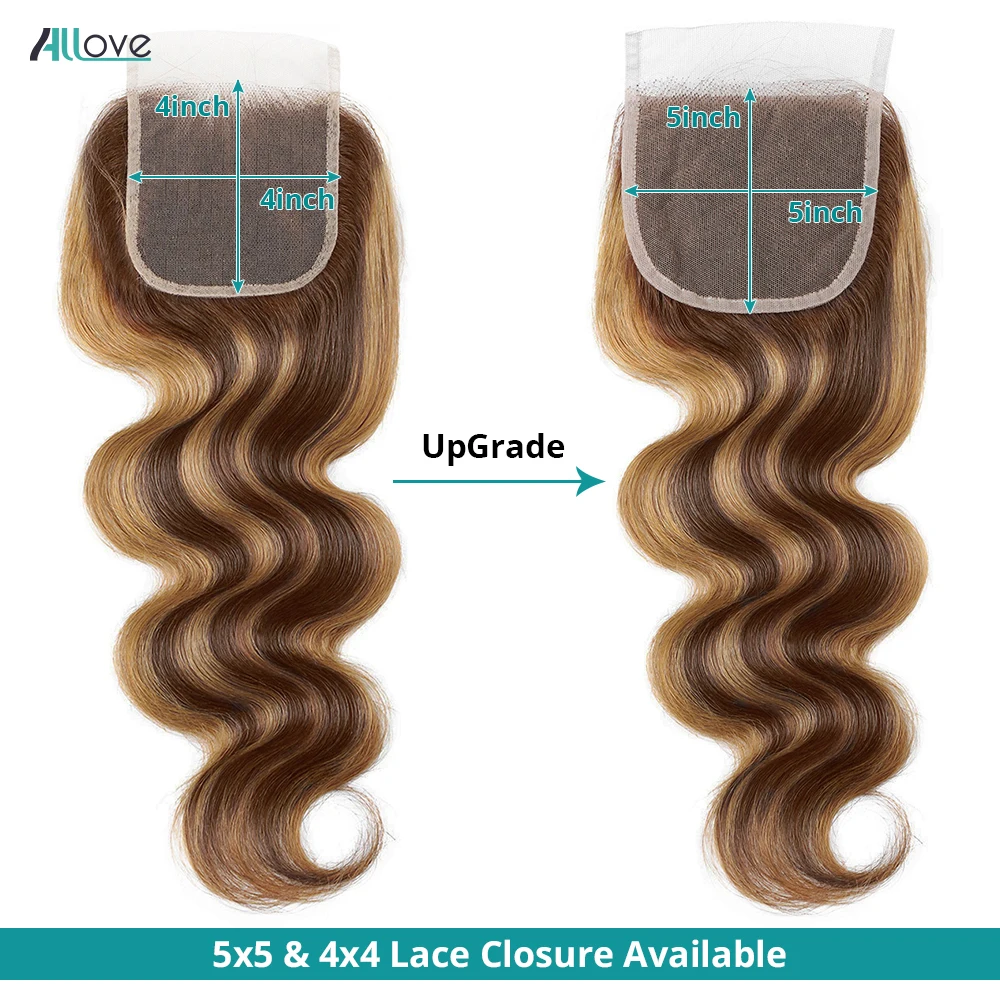 5x5 Closure With Bundles Highlight Bundles With Closure Transparent P4/27 Ombre Honey Blonde Body Wave human hair bundles