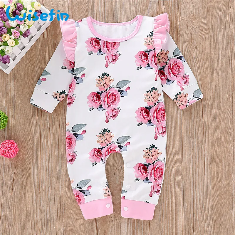 

Newborn Girl Romper Long Sleeve Autumn Winter Floral Print Baby Romper For Girl Cute Ruffle Pink Infant Girl Body Jumpsuit D35