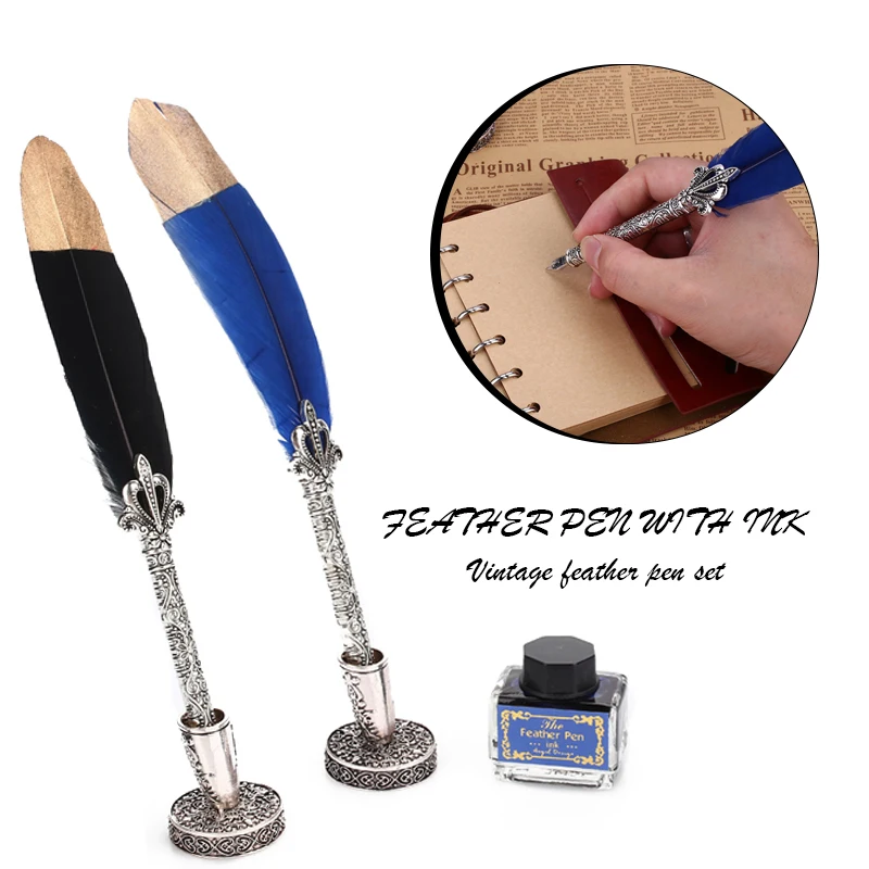 

Feather Quill Pen Antique Drawing Office Writing Gift Refill Ink 15ML Smooth Creative Feather Calligraphy Pen School Supplies