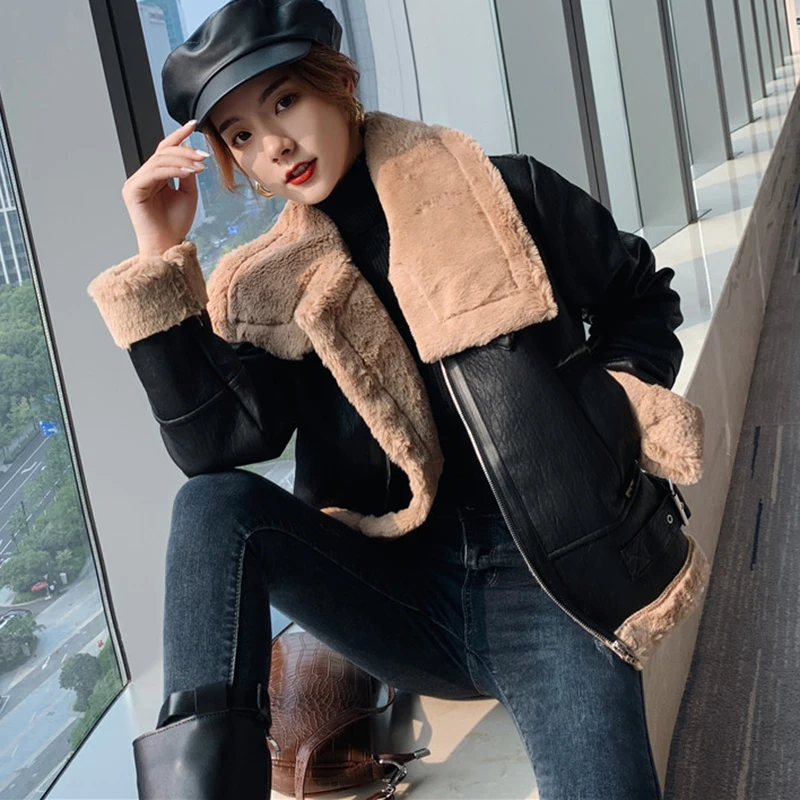 Ideal  Winter Motorcyle Basic Jackets Plush Outerwear Warm Coat Streetwear Punk PU Jacket Faux Fur Jackets