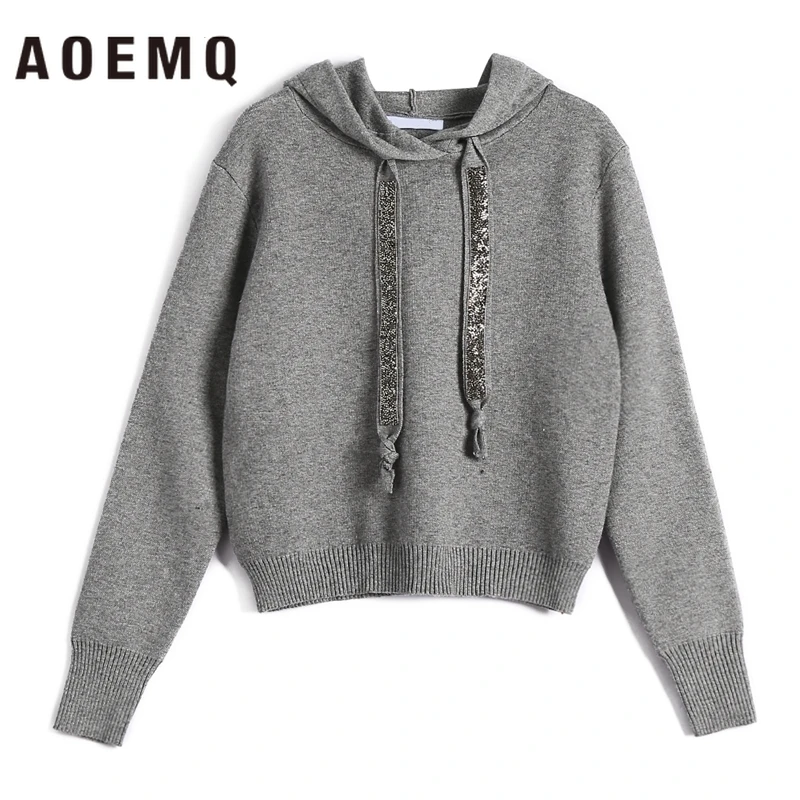 AOEMQ Повседневные свитера, 4 однотонных цвета, осенний спортивный свитер с капюшоном, непромокаемый Блестящий свитер с блестками, топы, женская одежда