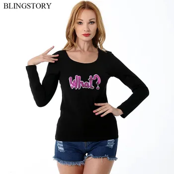 

BLINGSTORY Embroidery Letter Sequin T Shirt Women Long Sleeve Cotton Plus Size Autumn Tshirts S-6XL