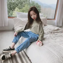 Осенняя детская одежда в Корейском стиле; Детские однотонные джинсы для больших мальчиков; Простые универсальные брюки; брюки для девочек