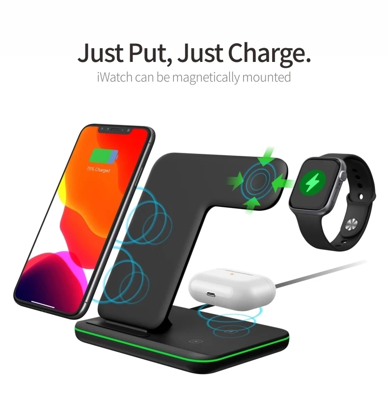 Wireless Charger Stand 15W Qi Fast Charging Dock Station for Apple Watch iWatch 5 AirPods Pro For iPhone 12 11 XS XR X 8