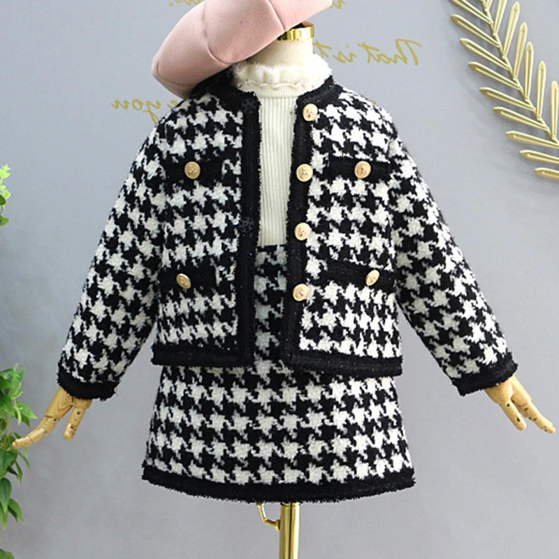 Girls Sets Children's Clothing Autumn Winter Plaid Korean Student Suit Knit Cardigan Sweater + Short Skirt 2pcs Kids Outfits