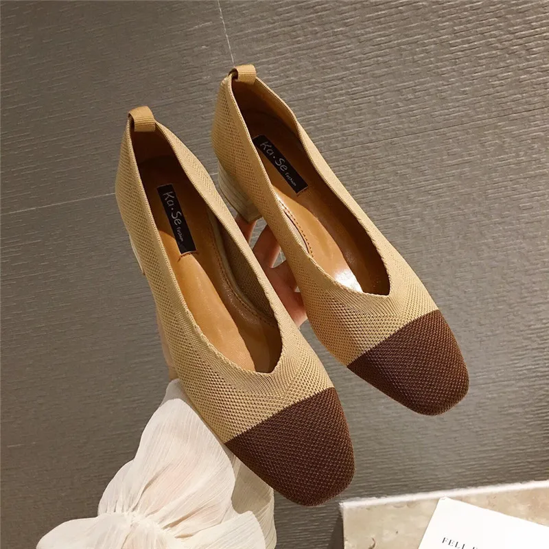 tan with heel Maggie's Walker/женская повседневная обувь в стиле пэчворк; Модная трикотажная обувь на плоской подошве с квадратным носком; сезон весна; тканая дышащая обувь; Размеры 35-39 - Цвет: tan with heel