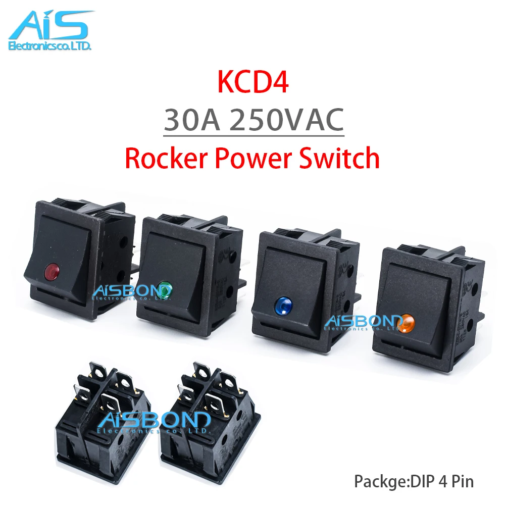New KCD4 30A 250VAC 250V Latching Rocker Power Switch I/O 4 Pins With Light Position Black Button Mounting 31mm*25mm