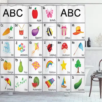 

Alphabet Shower Curtain Educational Themed Squares with Letters Animals and Vegetables Nursery Composition Bathroom