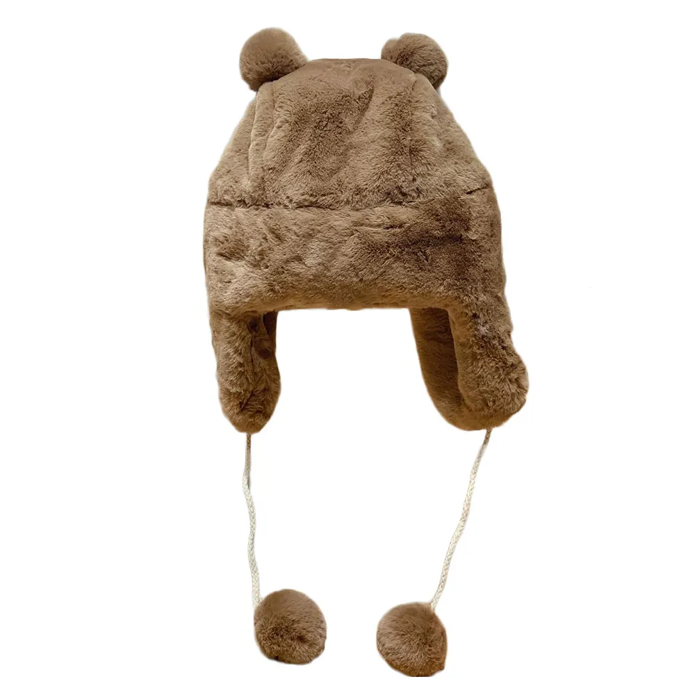 Children's Hat New Plush Thick Cap Baby Girls Boys Cartoon Panda Hair Ball Lei Feng Hat Autumn Winter Thick Warm Earmuffs - Цвет: Khaki