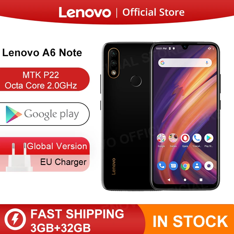 

Global Version Lenovo A6 Note 3GB 32GB MTK P22 Octa Core Smartphone Dual Back Cams 6.09'' Inch 4000 mAh Smartphone