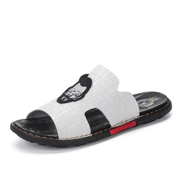 

Mens Slipper Leather Outdoor Black White Male Flat Walking Sneakers Fashion Summer Slippers for Men Soft Beach Shoes Open Toe