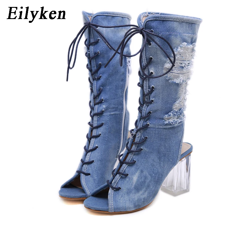 Eilyken; Модные ботильоны из джинсовой ткани; сандалии; женские ботинки с открытым носком на прозрачном каблуке со стразами; сезон осень; женская обувь на шнуровке; Size34-40