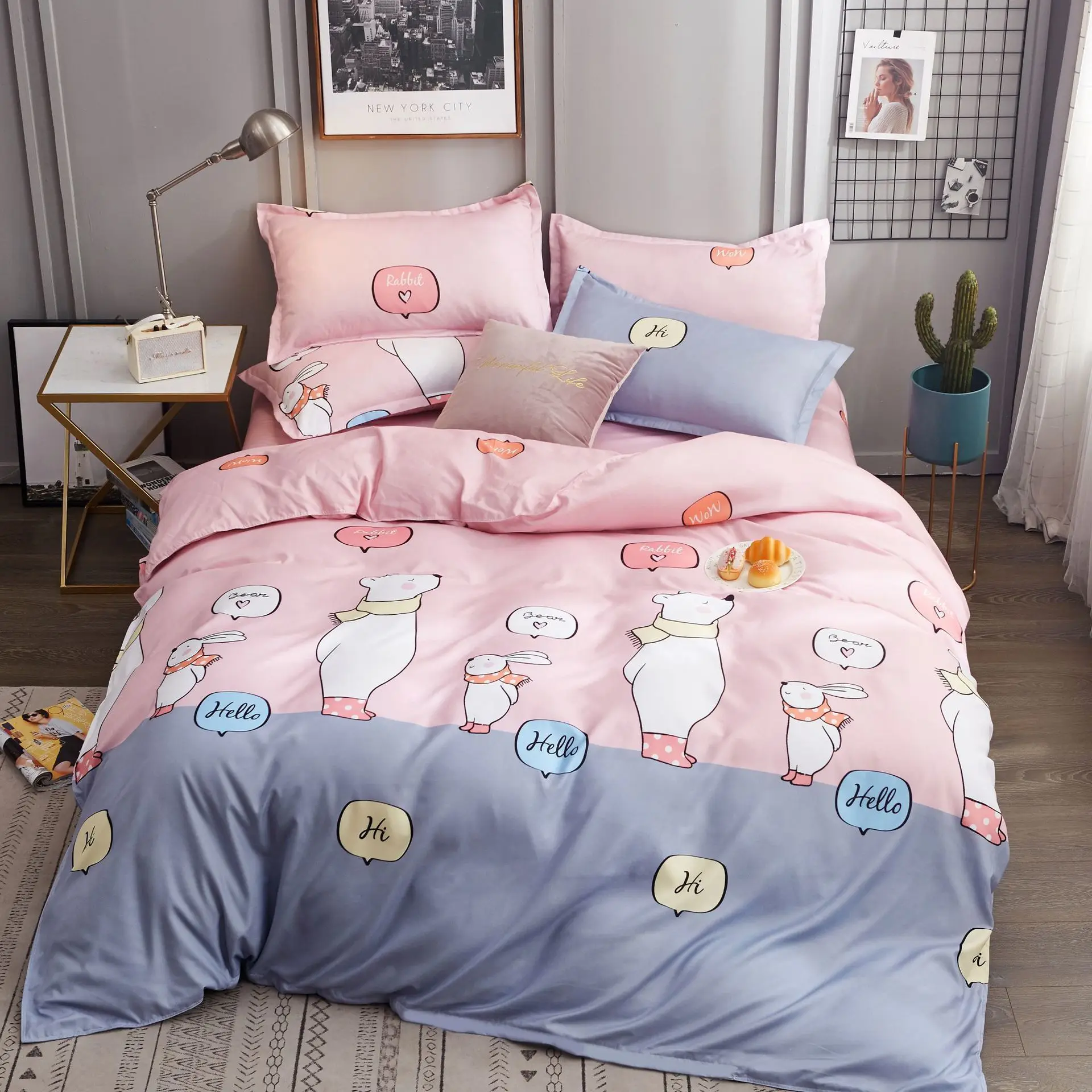 Cute Bear Новинка,, 4 шт., Комплект постельного белья из кашемира, утепленная одежда, простыня, Осень-зима,, размер King, постельные принадлежности, артикул - Цвет: Cute Bear