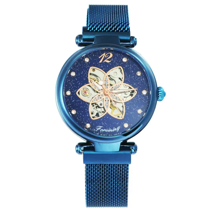 FORSINING Elegant Women Watches Top Brand Luxury Automatic Mechanical Skeleton Flower Bling Starry Dial Ultra Thin Ladies Watch - Цвет: ALL BLUE