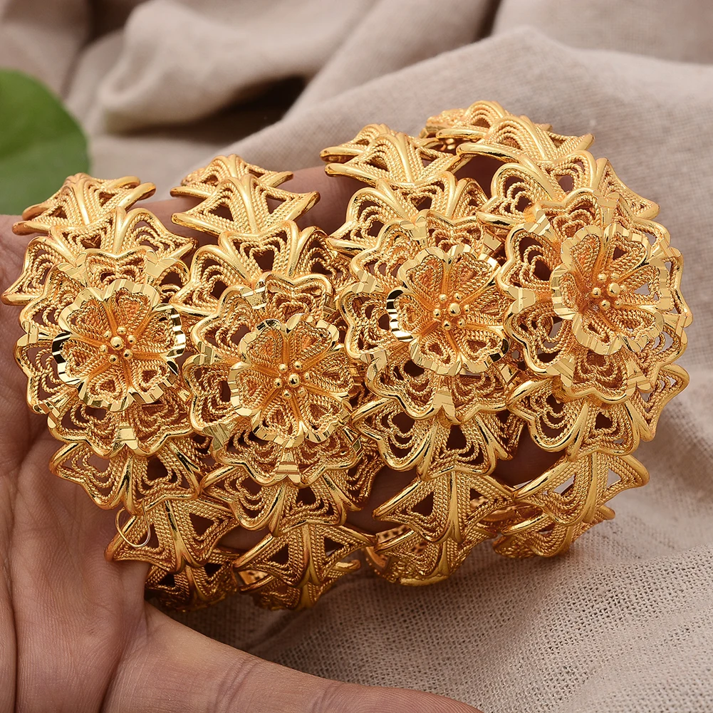 

4Pcs/lot Gold Color Bangles For Women Dubai Bride Wedding Cuff Bracelet Africa Bangles Jewelry Gold Charm Bracelet party gifts