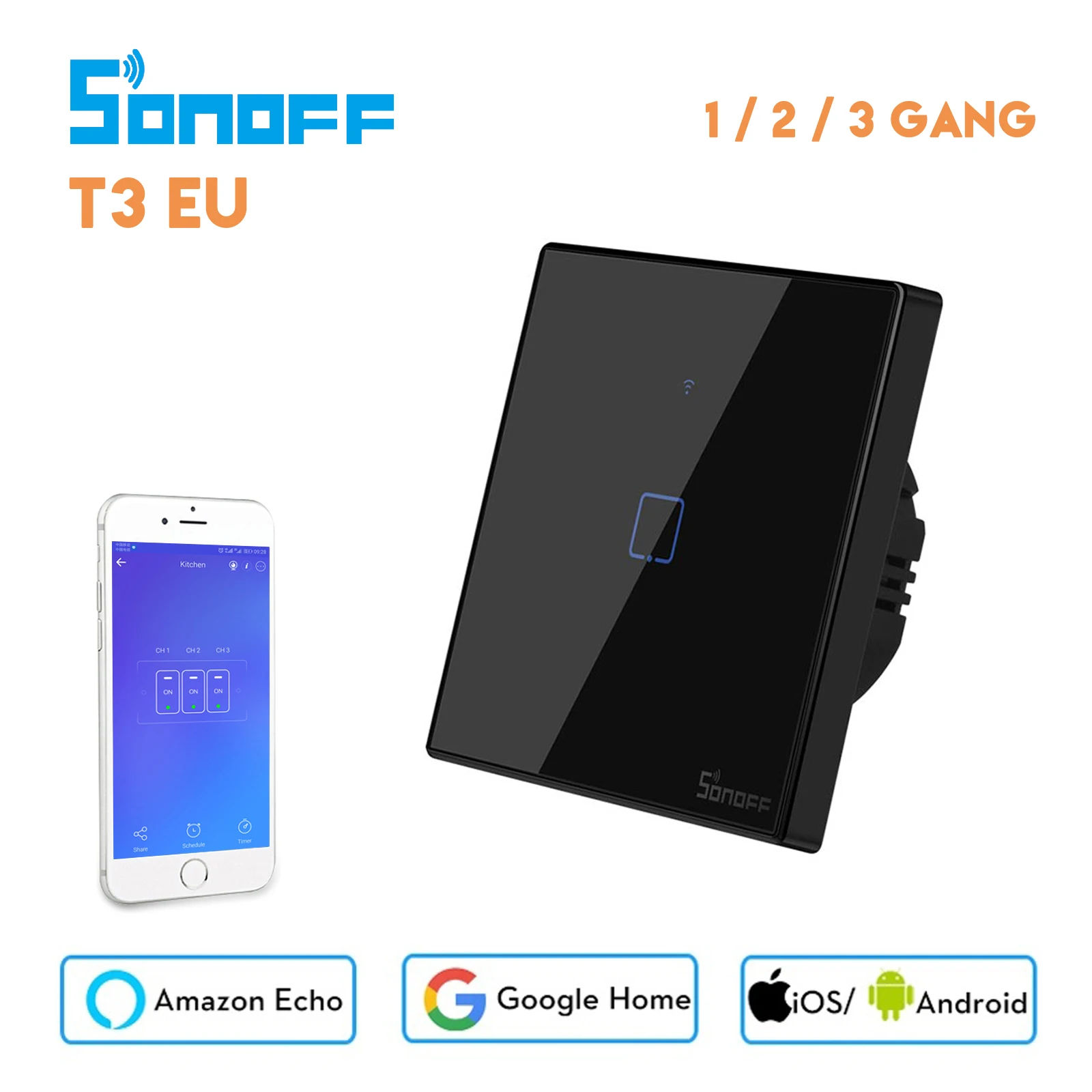 

Sonoff T3 EU Smart Wifi Switch Black, Ewelink APP 433 RF Remote Control, Works with Alexa Google Home Smart Home