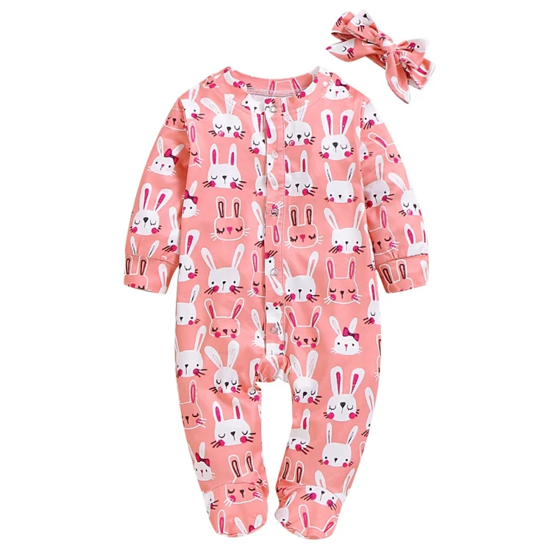 

Autumn Baby Girl Clothes Cotton Cartoon Rabbit Pattern Infant Long Sleeve Bodysuit+Headband Newborn Set