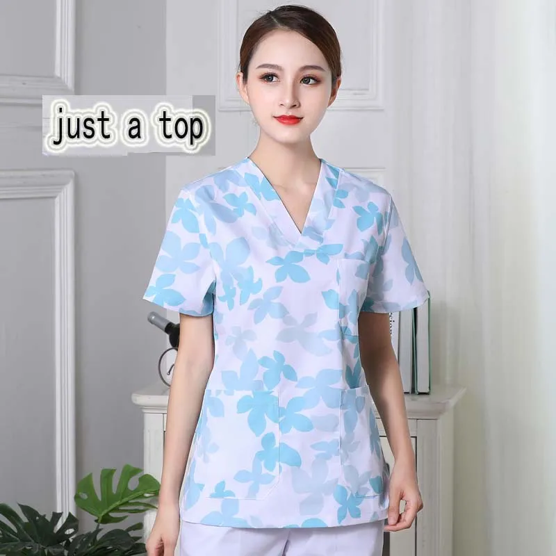 blue leaf top Женская медицинская Униформа с цветочным принтом классический v-образный вырез скраб-топ медицинская одежда униформа медсестры Хирургическая Одежда - Цвет: blue leaf top