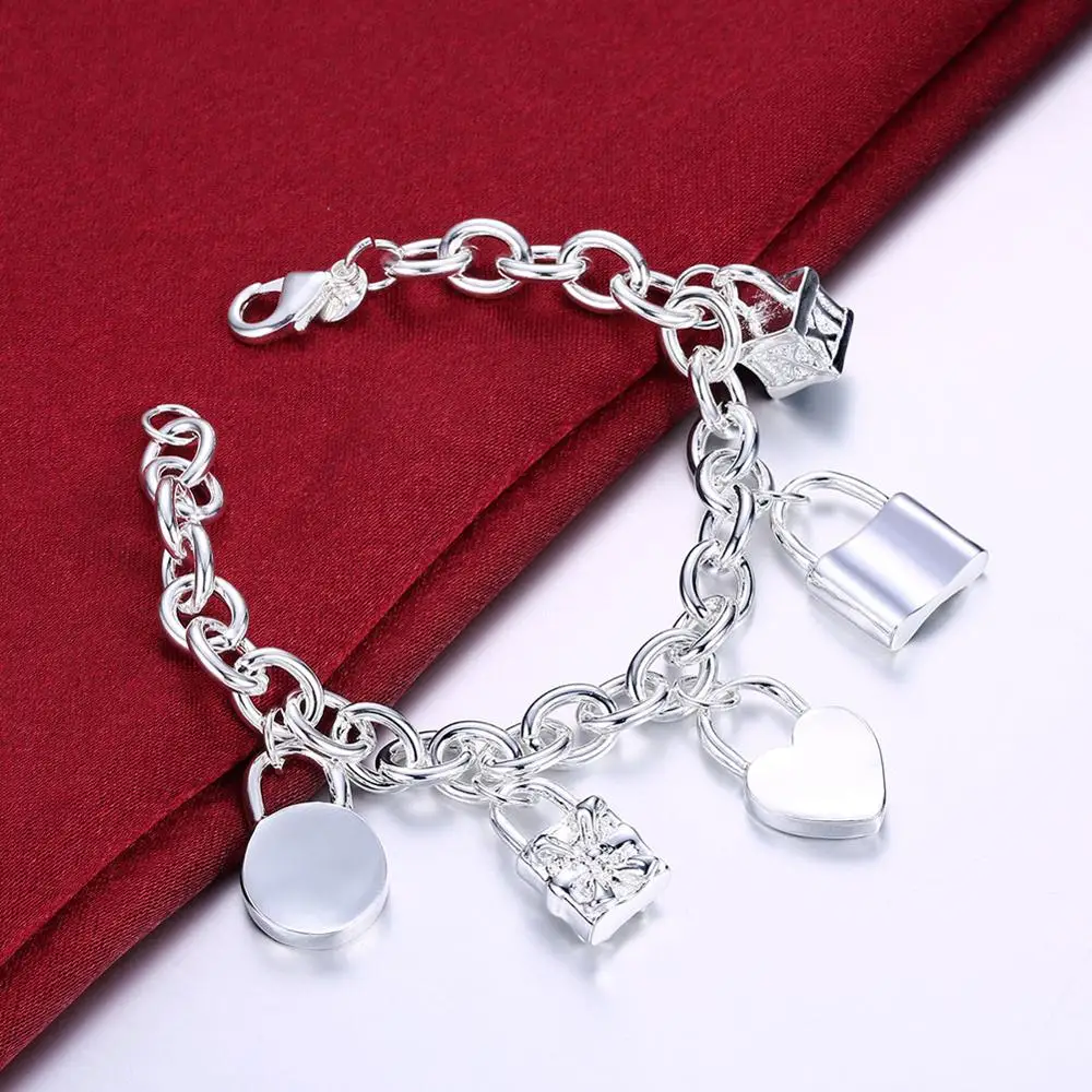 

2019 New Trendy 925 Silver Jewelry Heart Round Lock Chain Link Bracelets For Women Men Fine Jewelry