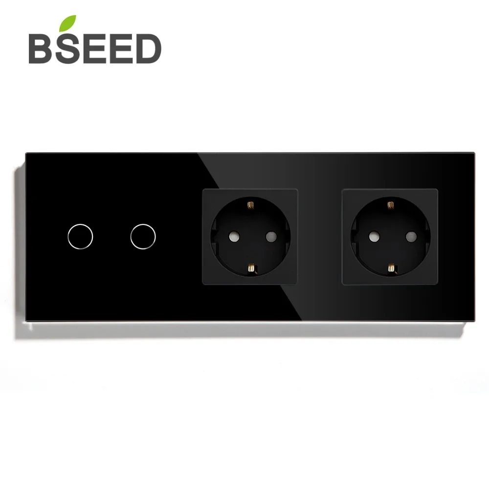 BSEED стандарт ЕС 1 банда 2 банды 3 банды 1 способ 2 пути сенсорный выключатель с двойной розеткой черный белый золотой кристалл стеклянная панель