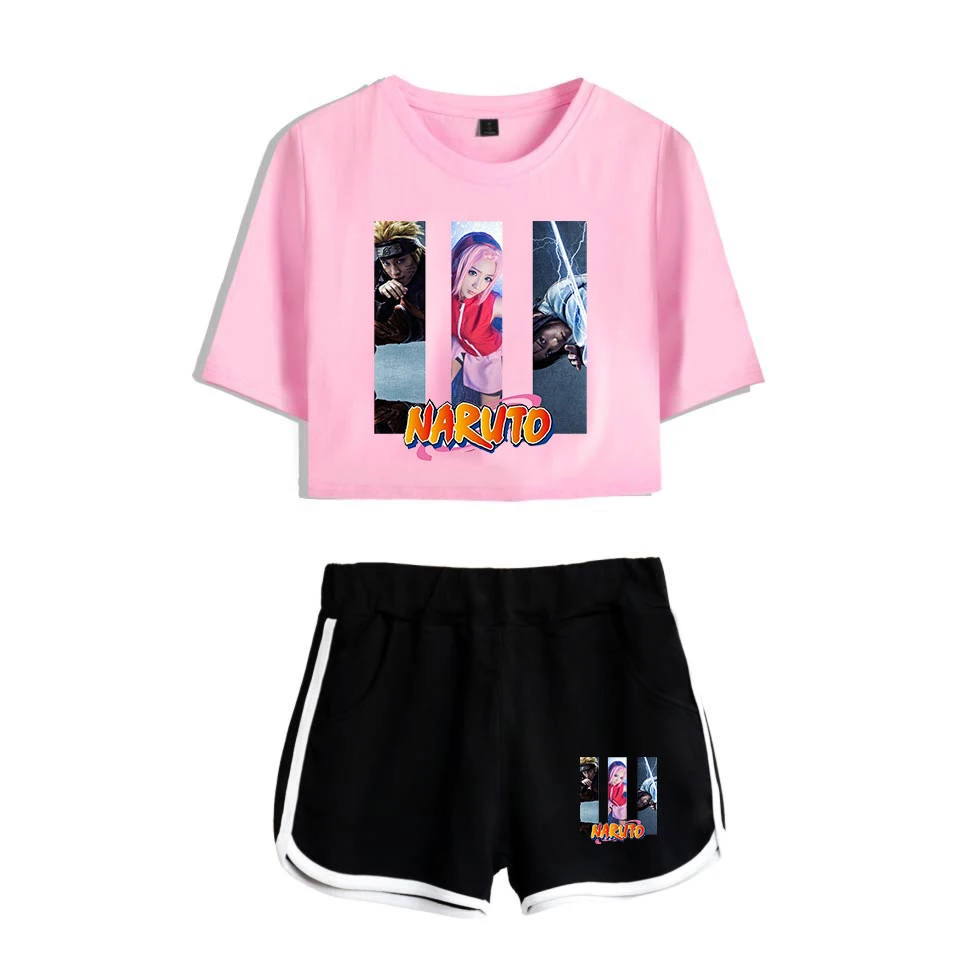 

Naruto Anime Design Two Piece Set Women Sexy Sets T Shirt Harajuku Short TShirt Midriff-baring Tops Tee Girl Uzumaki Clothing