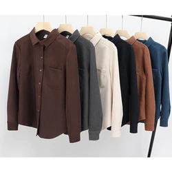 Mulheres elegantes camisas grossas blusas de manga longa vintage soltas camisas de tecido de lixamento macio casual all match blusões femme