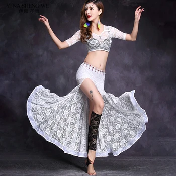 

New Women Lady Belly Dance Costume Set Bellydance Practice Clothes for Adult Lace V-Top And Slit Skirt with Safety Pants