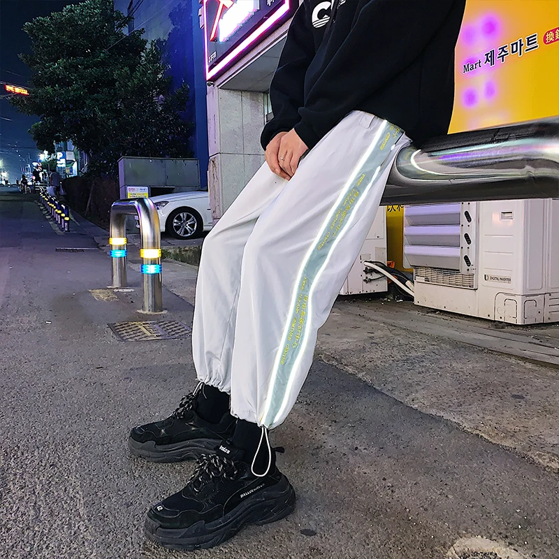 

Reflective Pants Men Fashion Contrast Color Casual Sweatpants Men Joggers Pants Streetwear Loose Hip Hop Drawstring Trousers