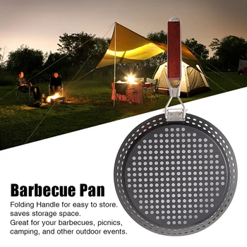

Seafood Non Stick Pizza Folding Handle Round Grill Pan Outdoor Camping Perforated Picnic Baking Kitchen Tool BBQ Frying Portable