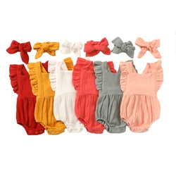 Barboteuse d'été pour bébés filles, barboteuse + bandeau en mousseline, sans manches, vêtements à la mode pour enfants 