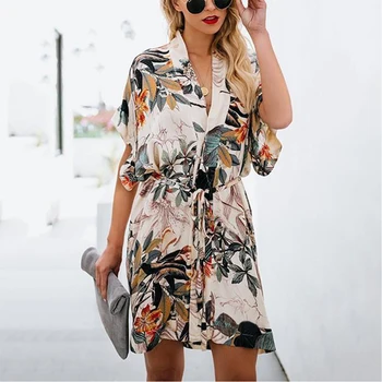 

Boho Beach Tunic Printed A-line Mini Bikini Cover Up Lady Summer Deepv-neck Lace Up Beach Dress Loose High Waist Kimono Beachwea