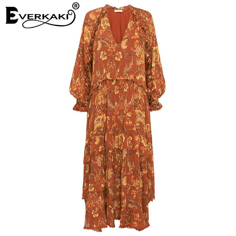 Everkaki Boho длинное платье с принтом женские осенние зимние кружевные лоскутные