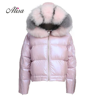 

Women Thickening Short Down Jackets 2019 Winter Female Real Fox Collar Two-sided Wear Bright Side Silver Pink Coats Outwerwear
