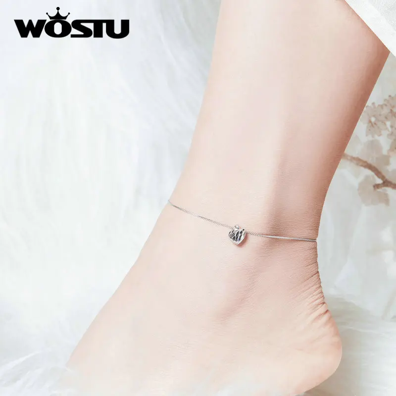 

WOSTU 100% 925 Sterling Silver Delicate Heart Anklet Chain Bracelet For Women Chian Link Fashion Anklets Foot Jewelry DXT013