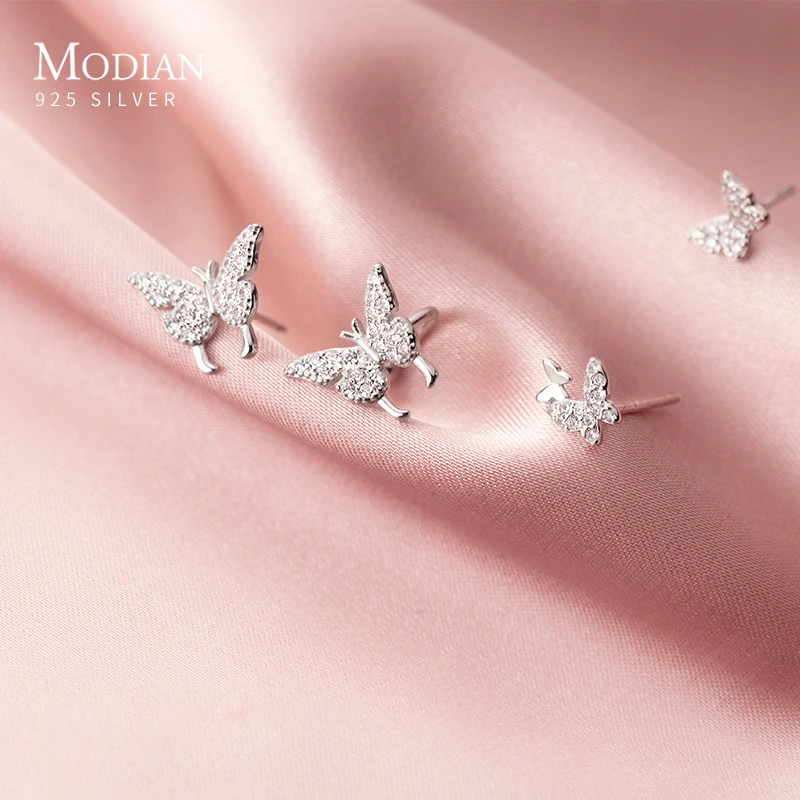 Modian Pure 925 Sterling Silver Clear CZ Sweet Cute Flying Butterfly Stud Earrings for Women Fashion Insect Ear Pin Fine Jewelry