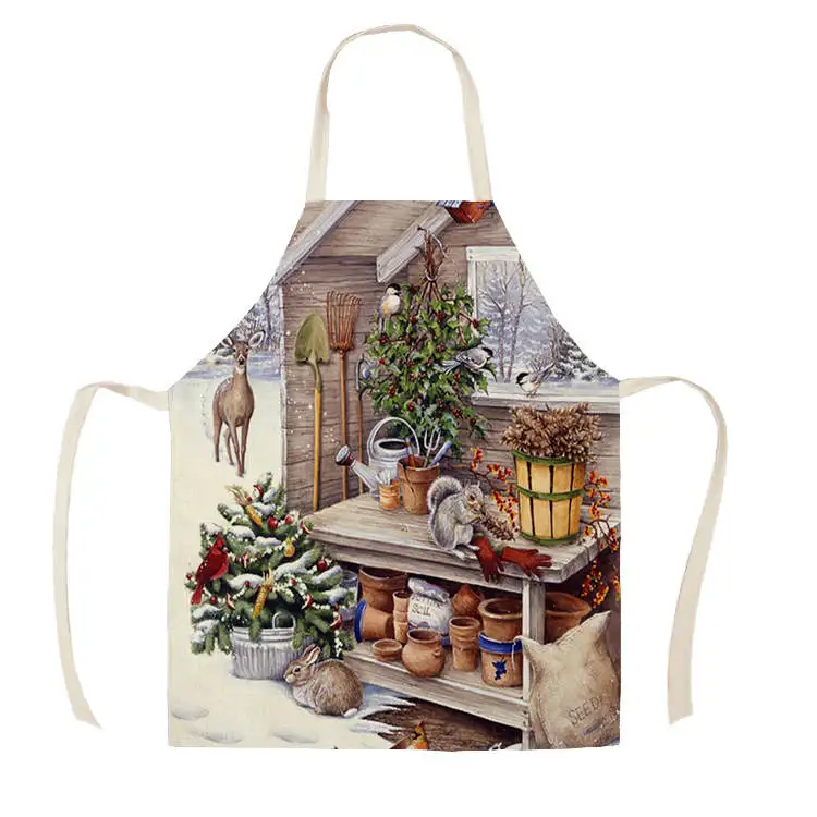 1Pcs Kitchen Apron Christmas horse farm Printed Sleeveless Cotton Linen Aprons for Men Women Home Cleaning Tools 55*68cm