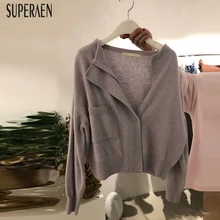 SuperAen осень и зима женский свитер пальто сплошной цвет Дикие повседневные женские свитера с v-образным вырезом кардиган вязаный Топ