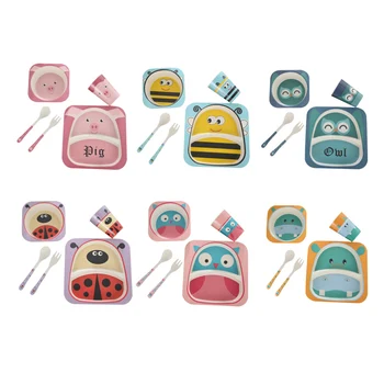 

5pcs/Set Baby Dish Tableware Set Cartoon Fork Feeding Dishes for Kids Utensils Bowl Cup Spoon Plate Bamboo Fiber Environmental
