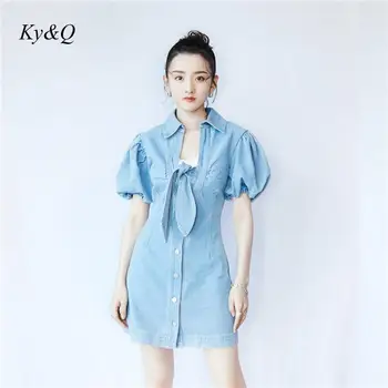 

Vintage Summer Women Fashion Elegant Puff Sleeve Denim Dress Lapel Slim Bowknot Short Dress 2020 New Party Clothes