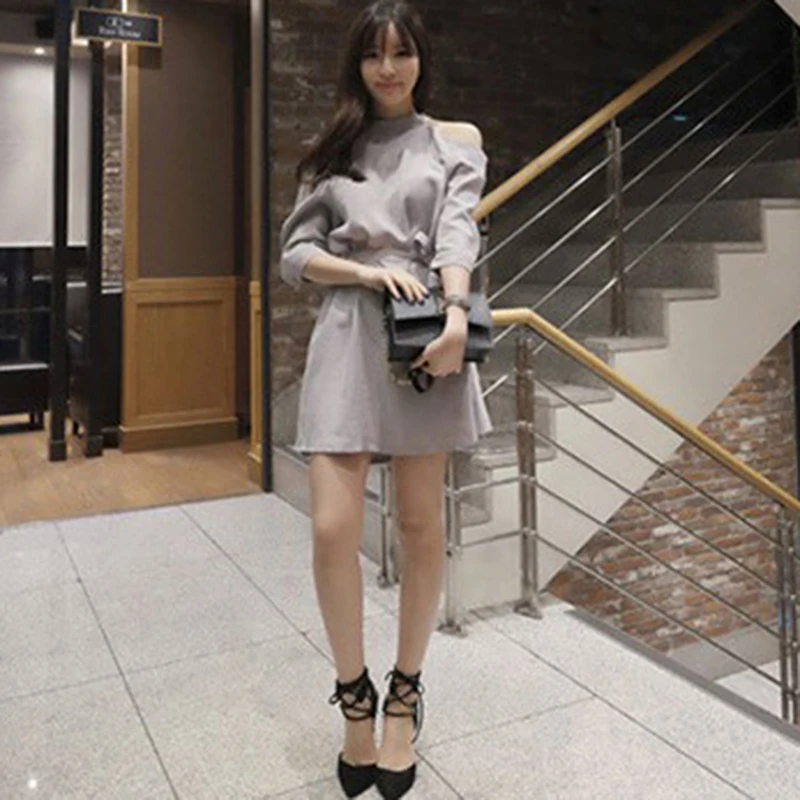 Women summer dresses Elegant Mini Dress Half Sleeve Off Shoulder Belt Solid Color casual sweet fashion korean dress girl lady