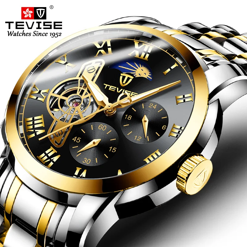 

New Arrival TEVISE Men Stainless steel Automatic Mechanical Watch Moon phase Tourbillon Skeleton Male Wristwatch