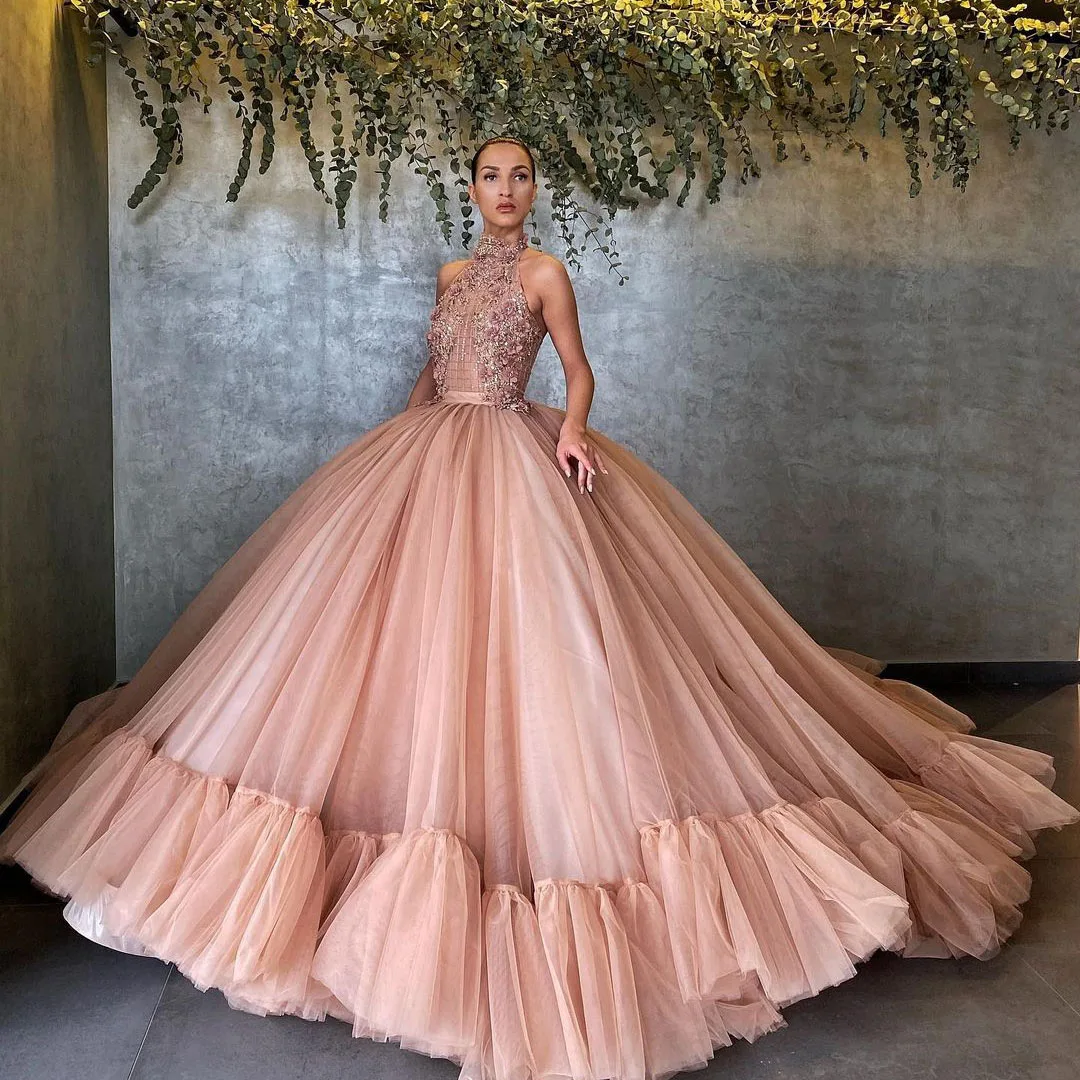 

Сексуальное прозрачное вечернее платье с высокой горловиной, лямкой на шее, блестками, бусинами и цветами, многослойное Пышное Тюлевое платье с оборками, свадебные платья со шлейфом