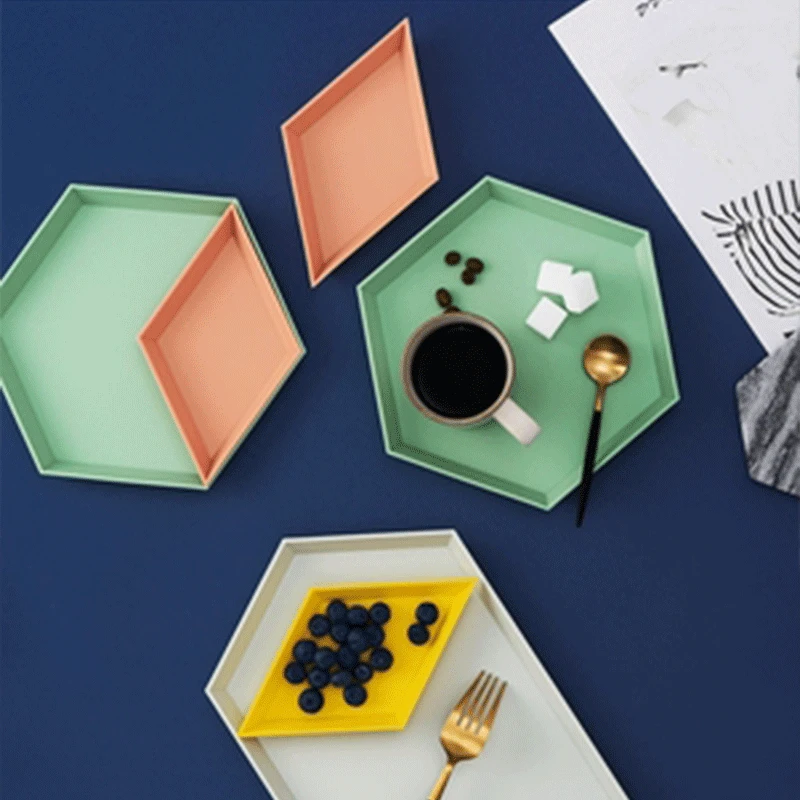 

Pure Color Geometric Tray Cute Small Plate Combination Four-piece Plastic Storage Dish Flat Fruit Candy Polygonal Storage Plate
